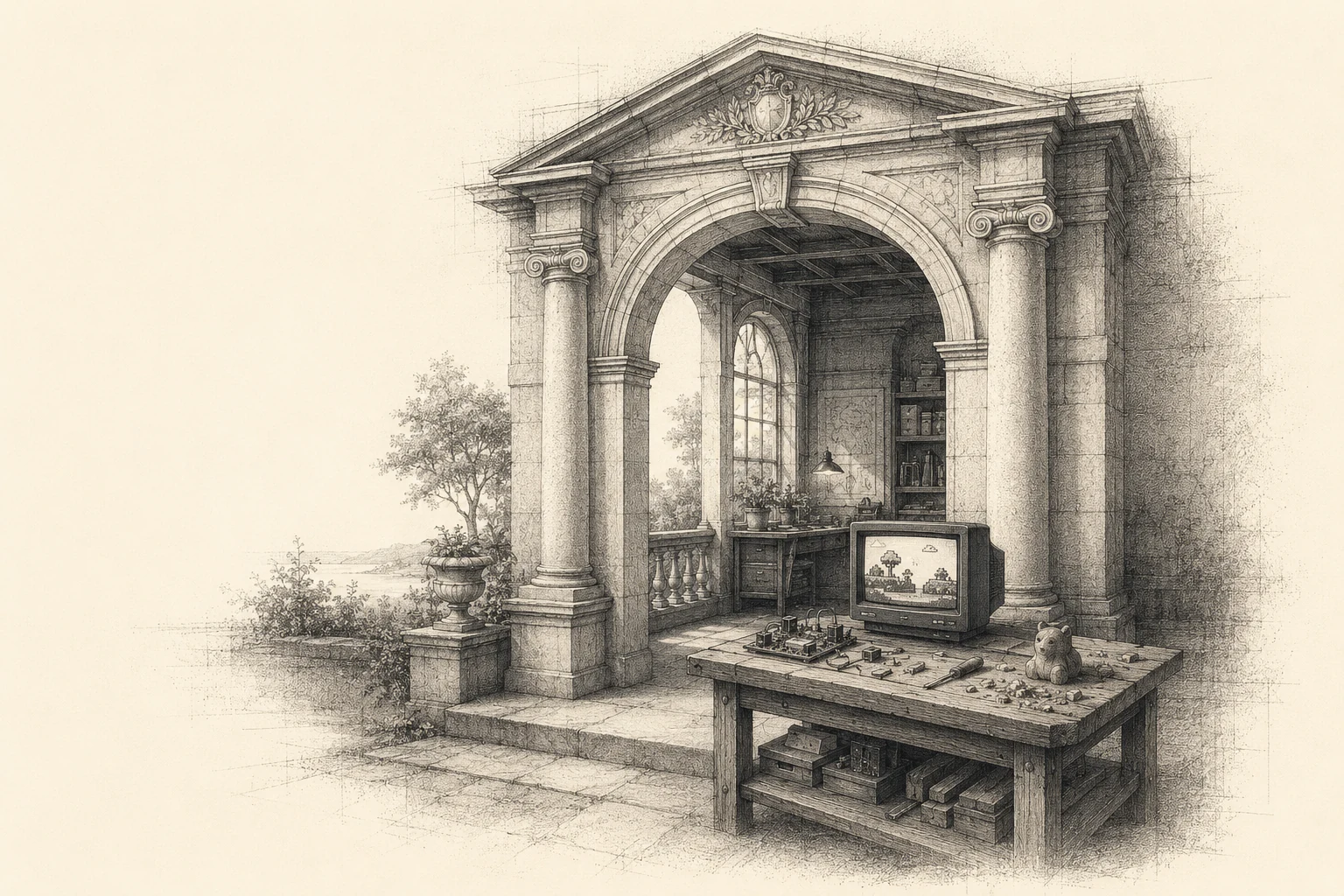 An engraved stone arch opens onto a workbench with a small game on a CRT, a circuit board, and a carved wooden figure.